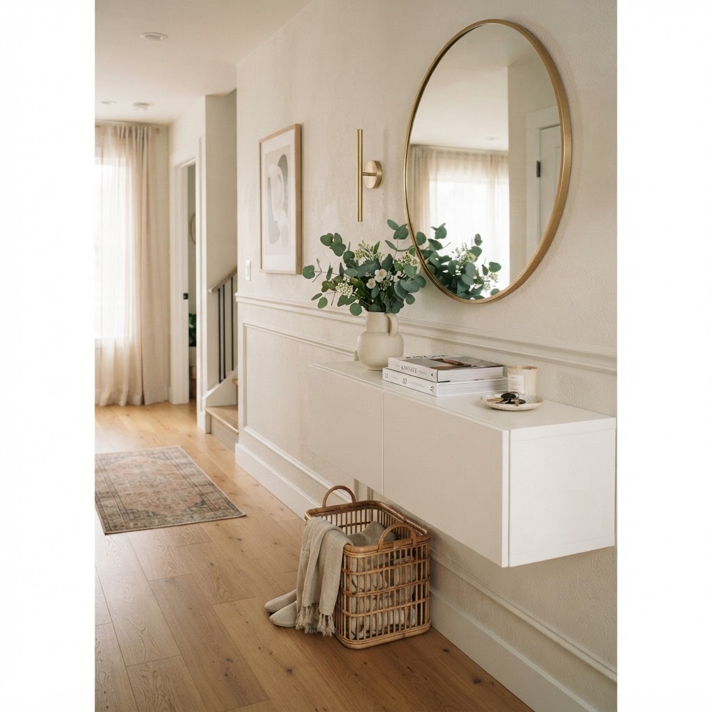 A floating console keeps the floor clear while providing essential surface space.