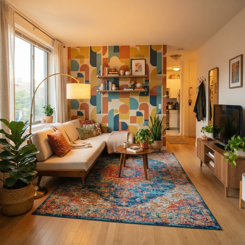 Use rugs and wallpaper to define your space without making permanent changes.