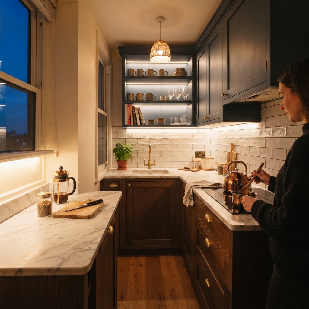 Under-cabinet lighting adds both functionality and depth to small kitchens.