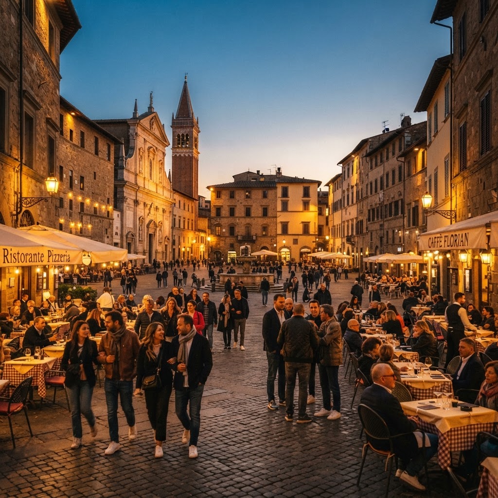 The vibrant life of an Italian piazza during the evening hours.