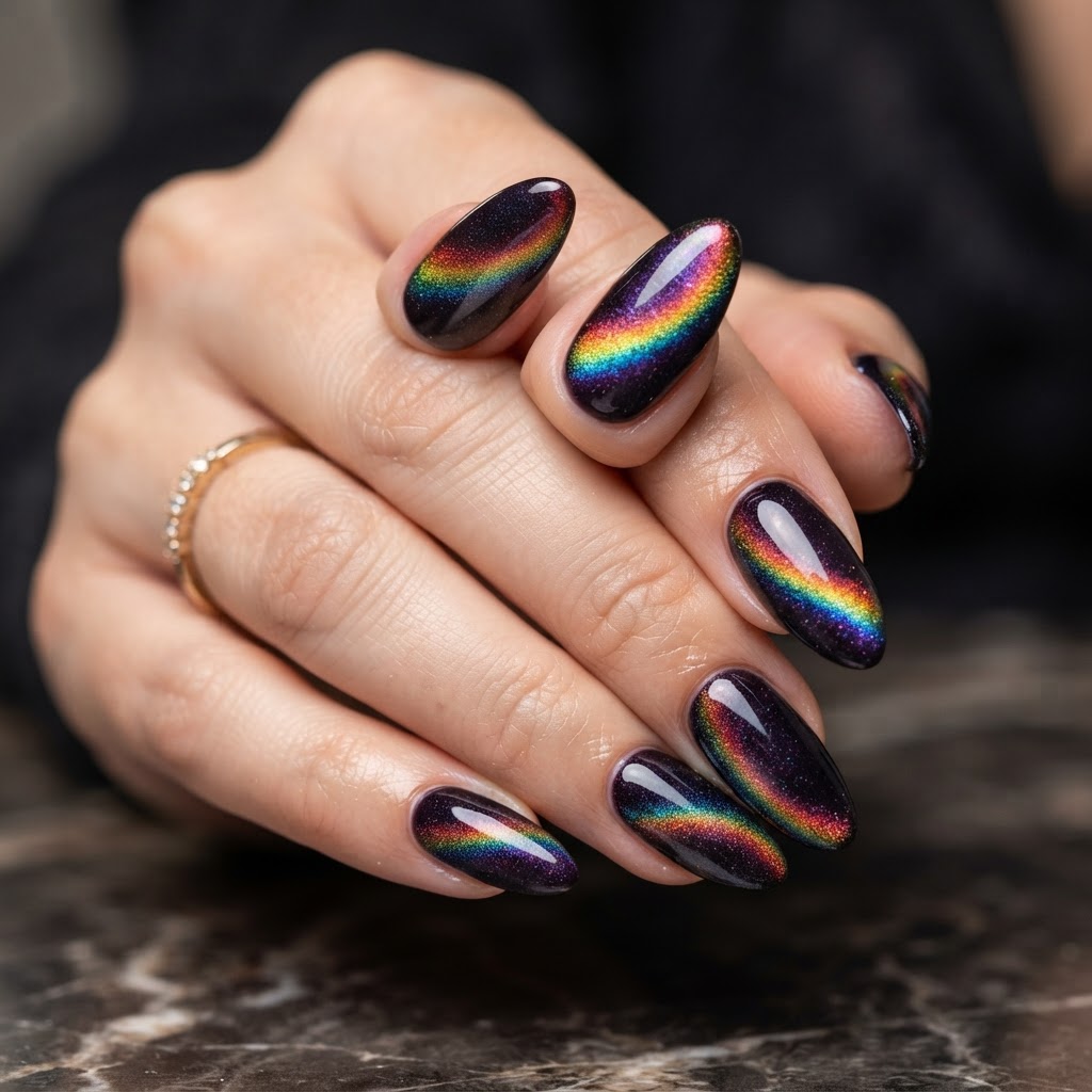 A stunning example of a rainbow cat-eye finish on almond-shaped nails.