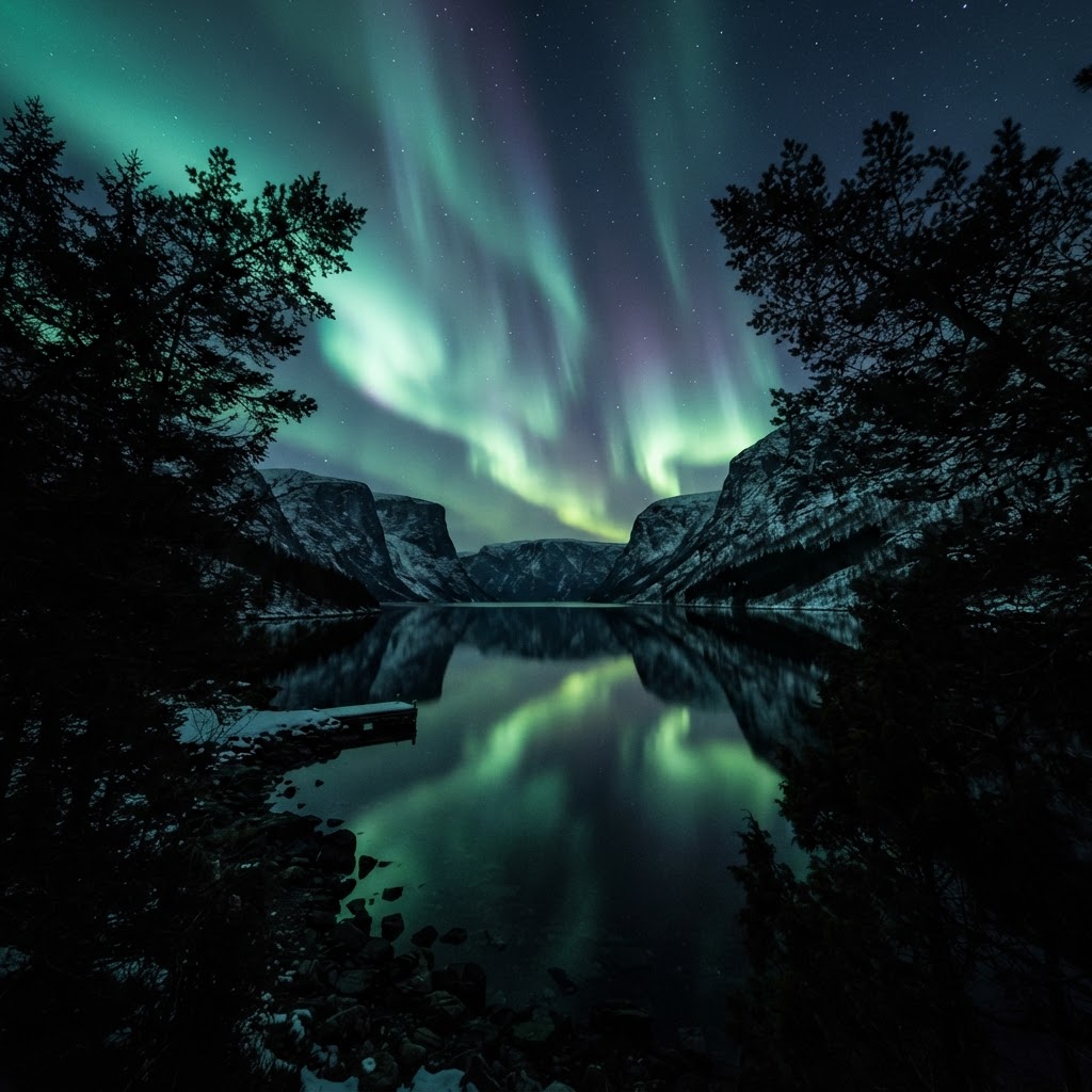 The reflection of the Northern Lights in the mirror-like waters of the fjord.