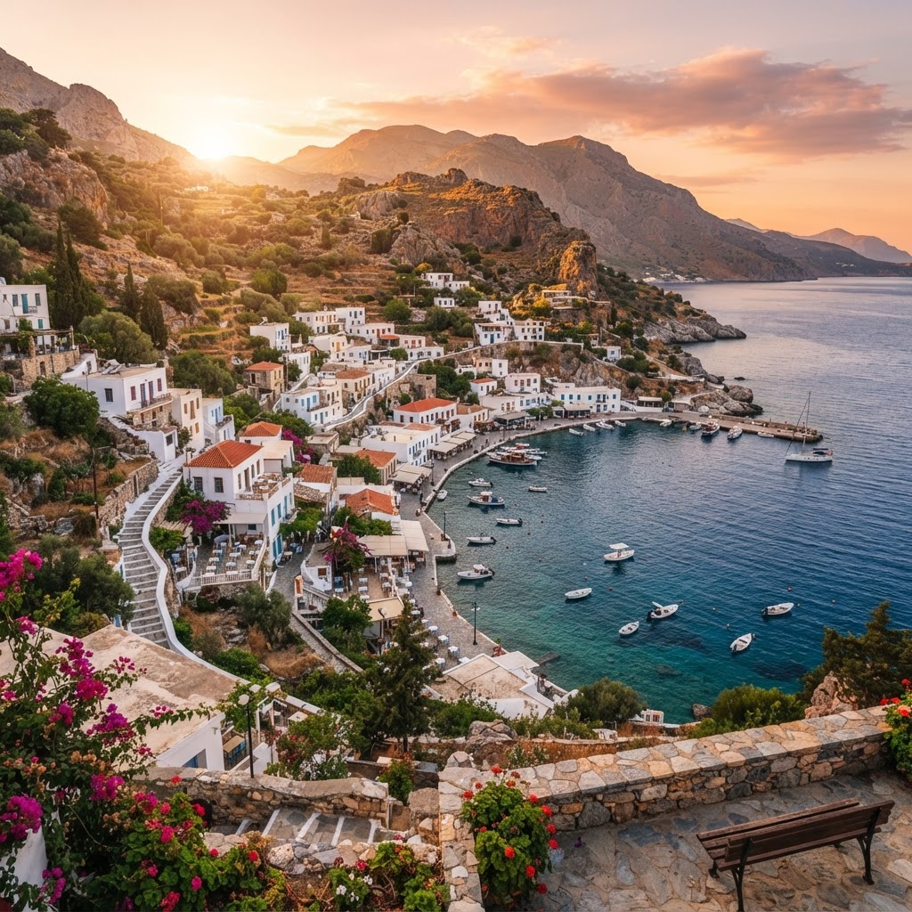 A traditional Cretan village overlooking the Mediterranean.
