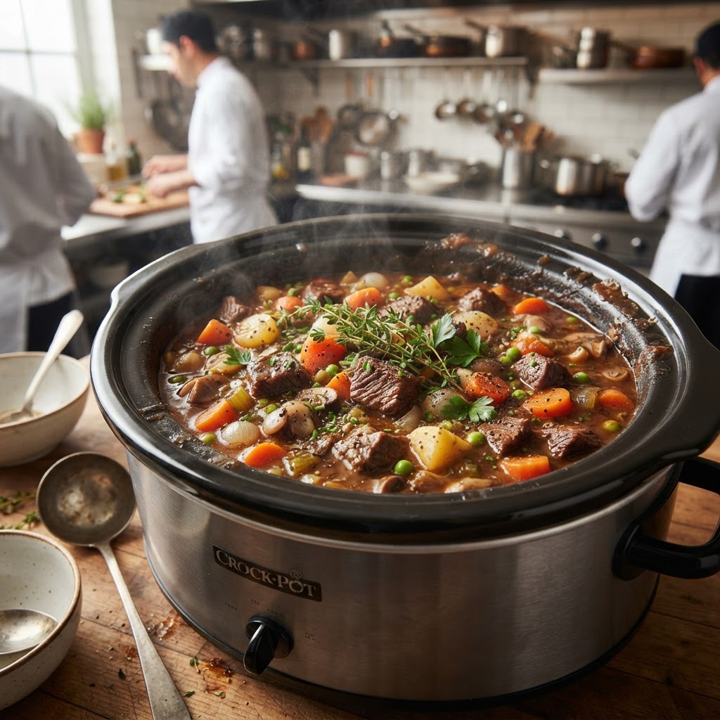 The slow cooker brings out the deep flavors of the beef and root vegetables.