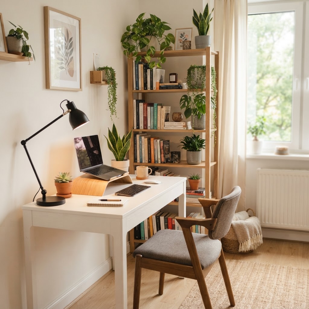 A functional desk area maximizing vertical storage space.