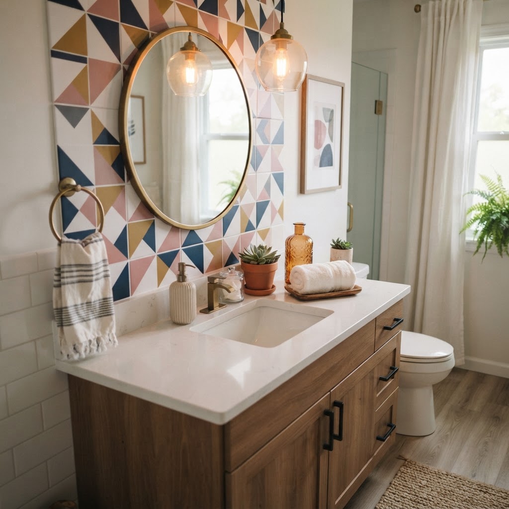 Modernizing a rental bathroom with peel-and-stick backsplashes.