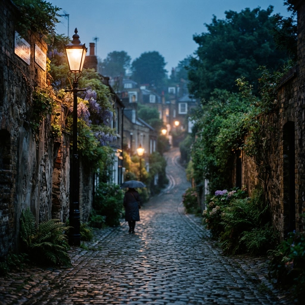 A quiet, historic street in Hampstead offering a rustic perspective of the city.