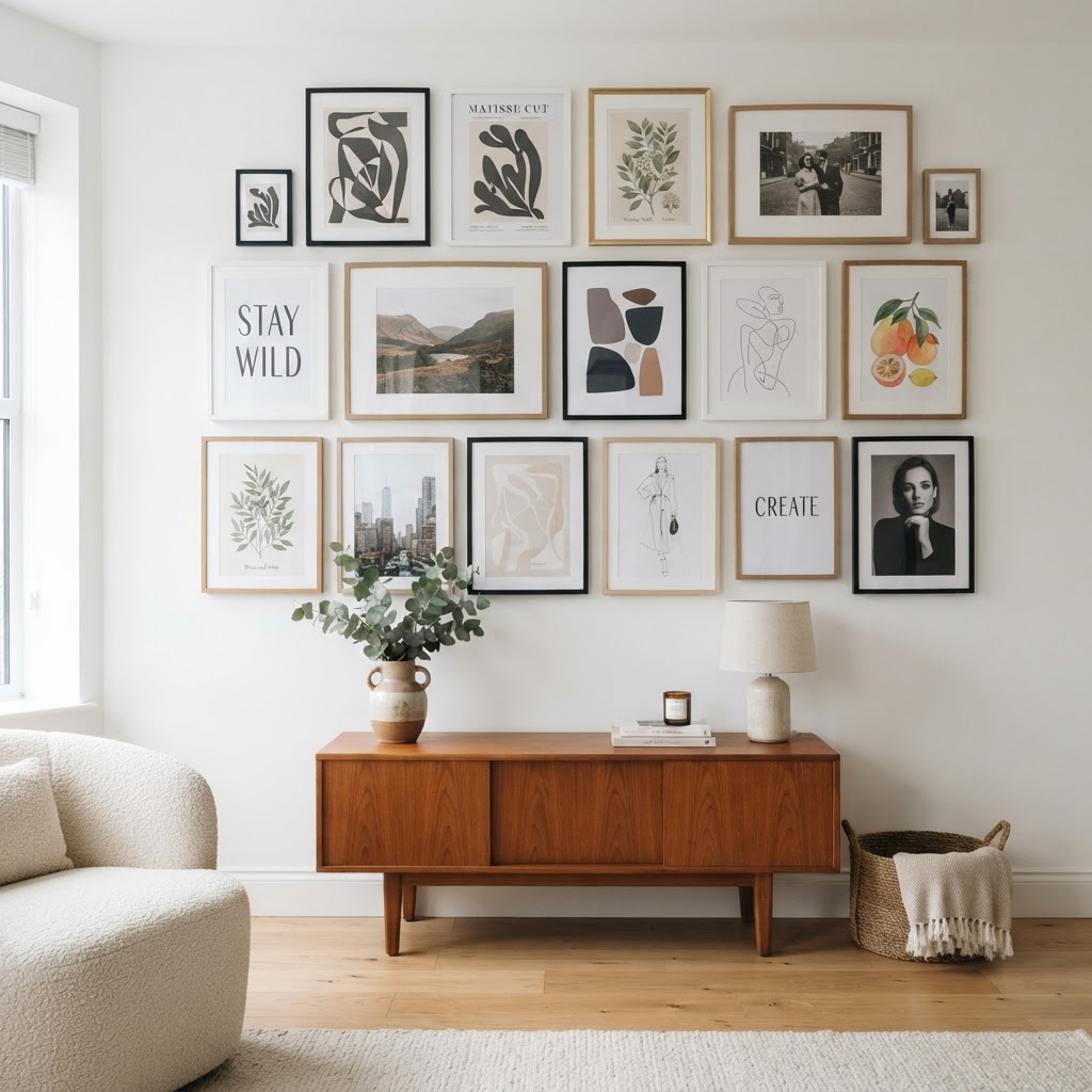 Gallery walls add personality to your home without the need for nails.