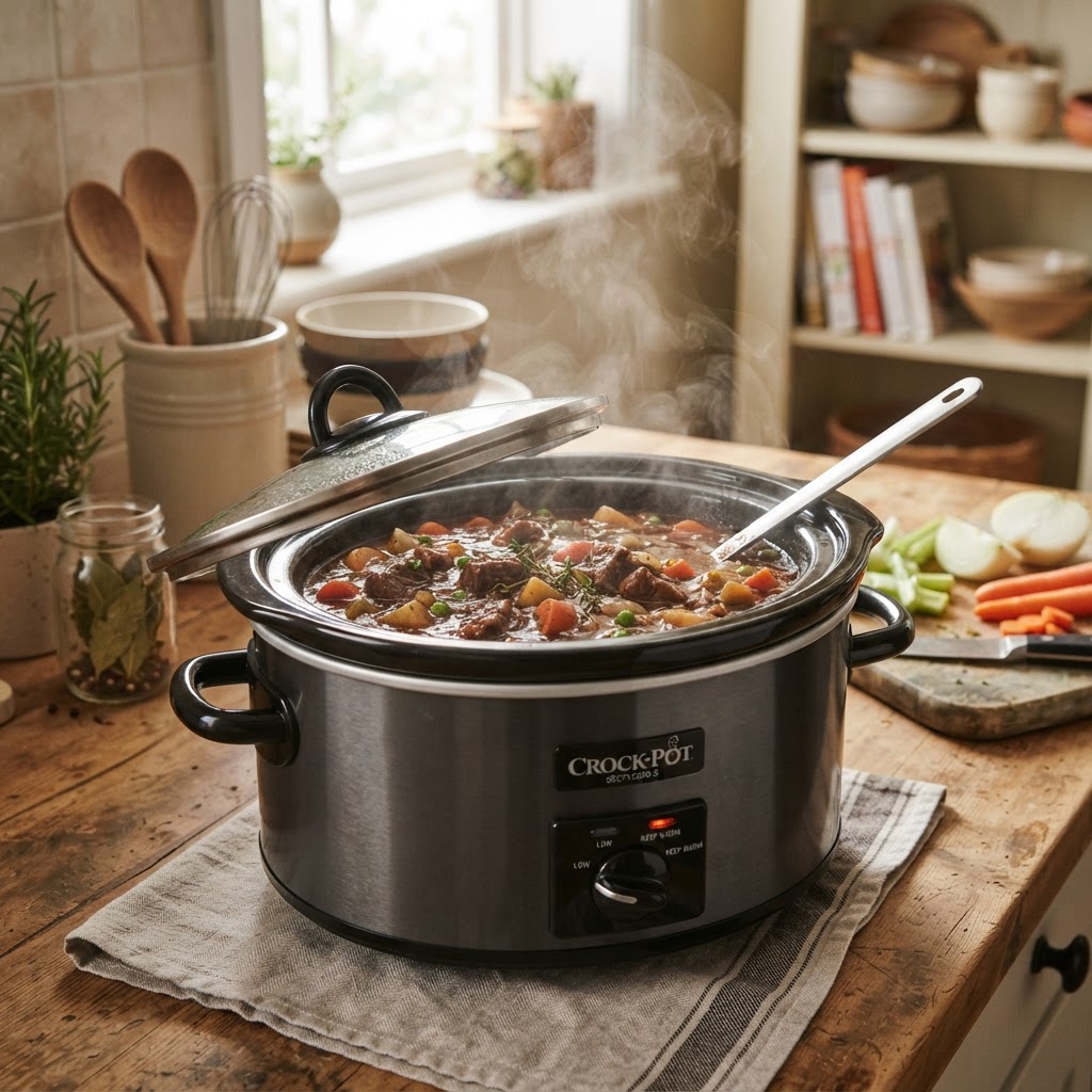 The slow cooker at work, creating a comforting family meal.