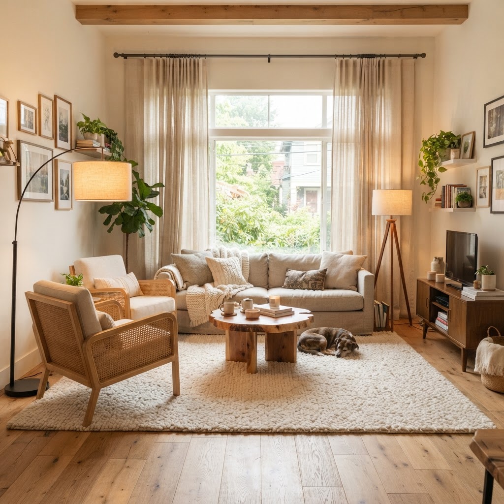 Layering textures like rugs and curtains creates a cozy foundation.