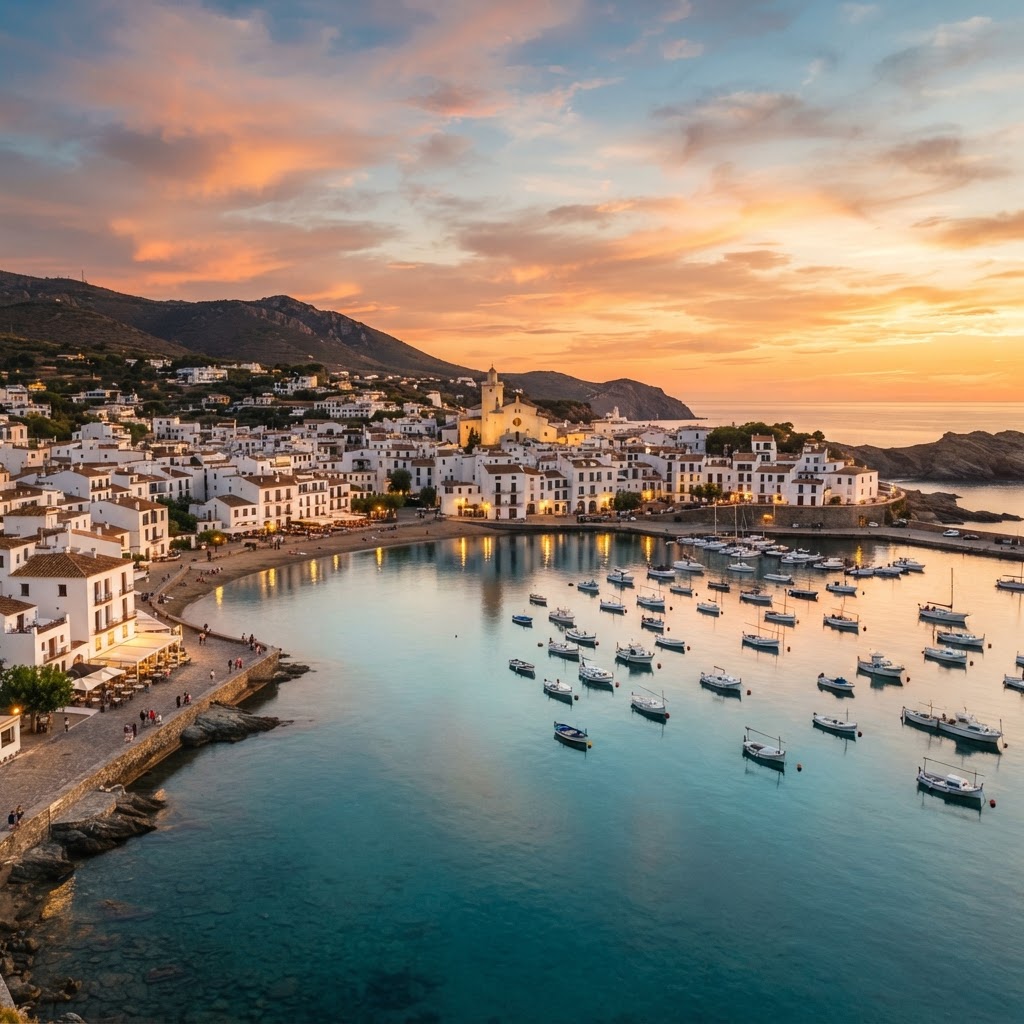 The picturesque white village of Cadaqués at sunset.