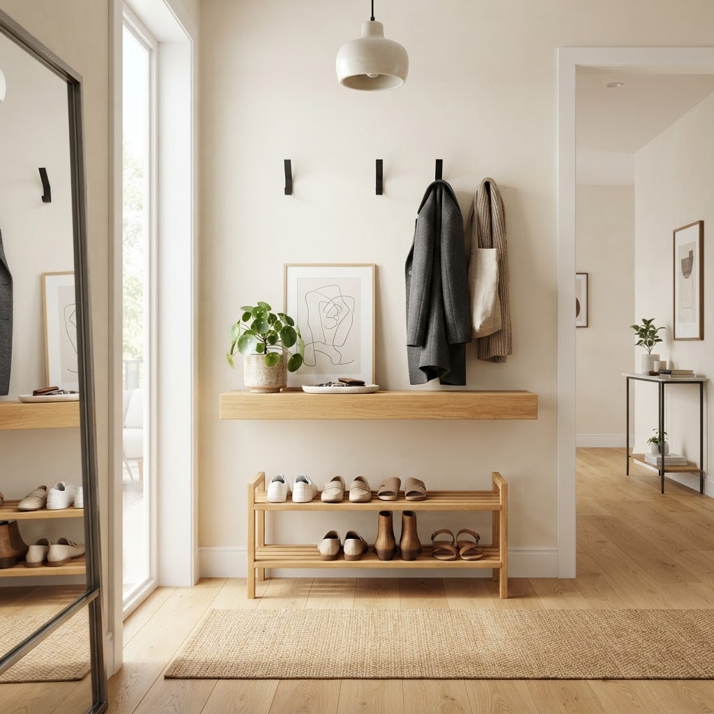 A minimalist shoe rack and hook combo perfect for tight entryways.