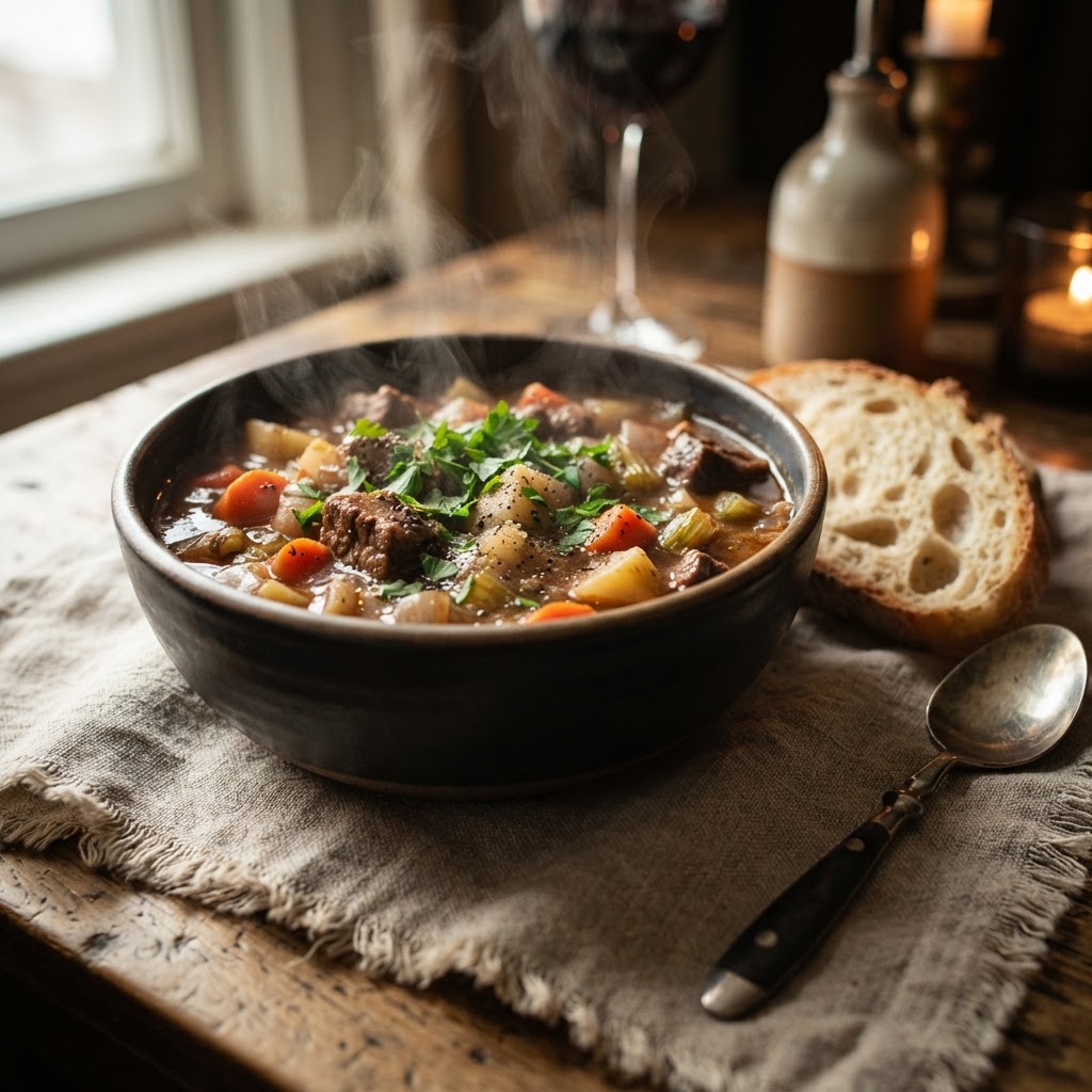 A warm, comforting bowl of homemade beef stew.