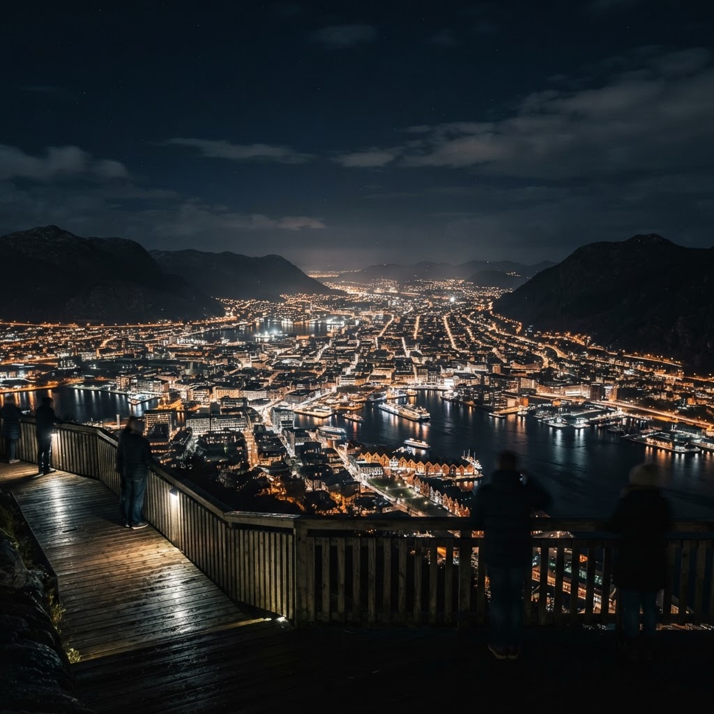 An elevated view showing the breathtaking scale of Bergen's city lights against the dark mountains.