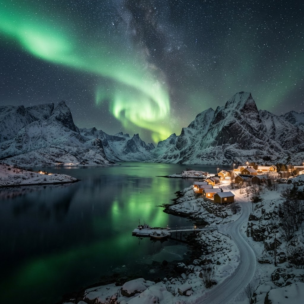 Chasing the Aurora in Tromsø: A Complete Travel Guide 2 The green ribbons of the Aurora Borealis illuminate the Arctic fjords near Tromsø.
