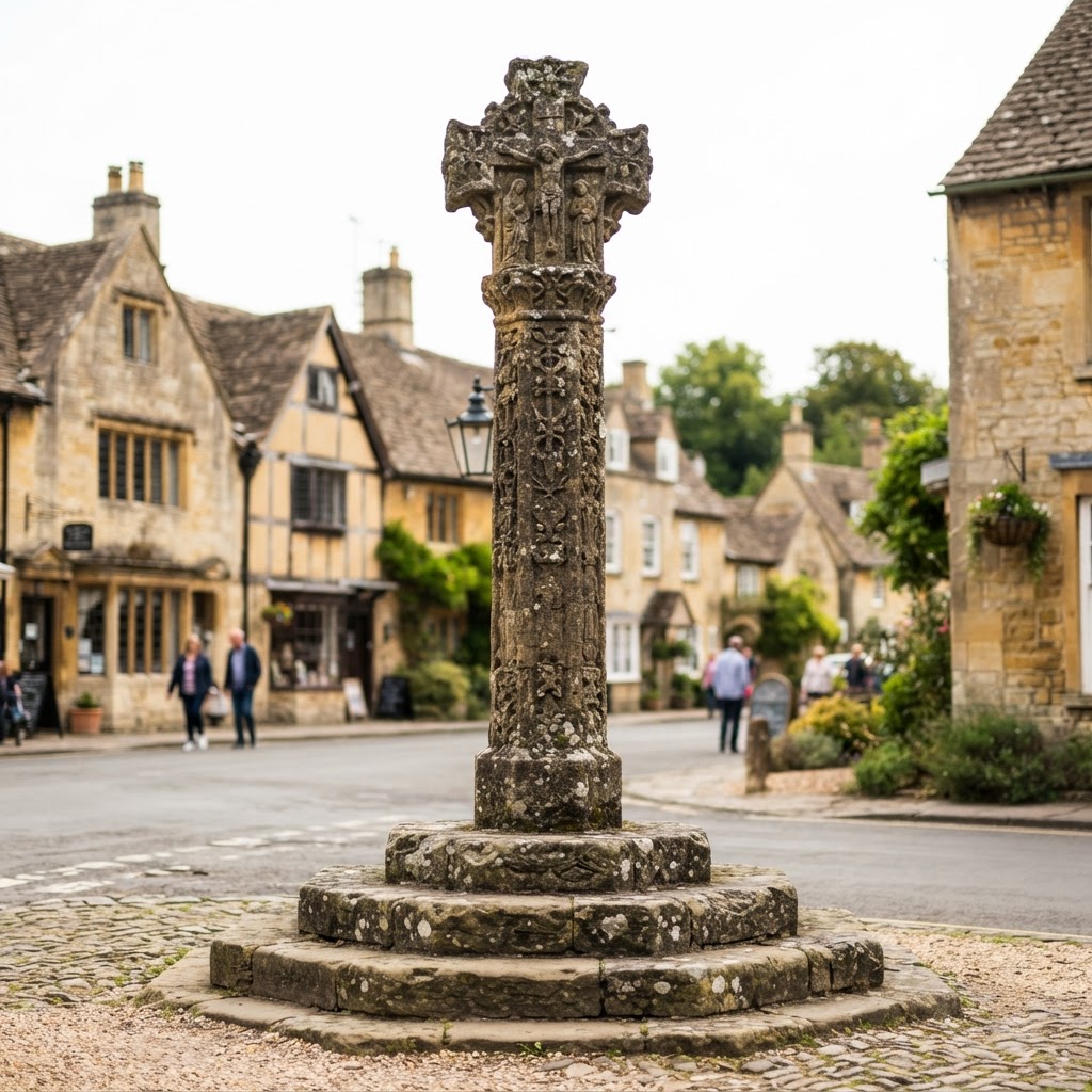The historic Market Cross, a symbol of the village's medieval past.