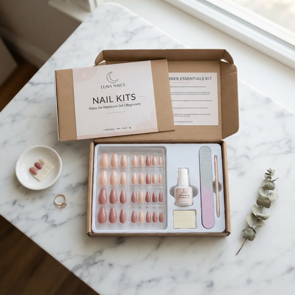 Everything included in a standard beginner press-on nail kit.
