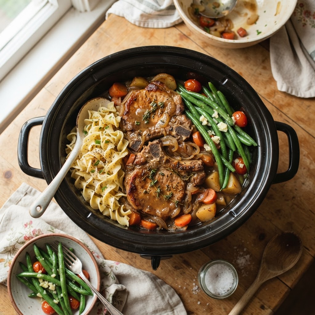 A complete dinner served alongside egg noodles and fresh vegetables.