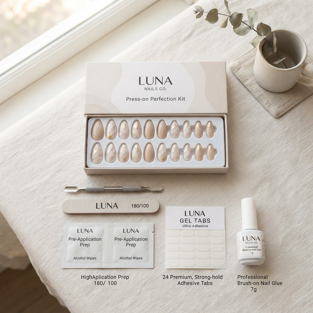 Essential tools for a professional-grade press-on nail prep routine.