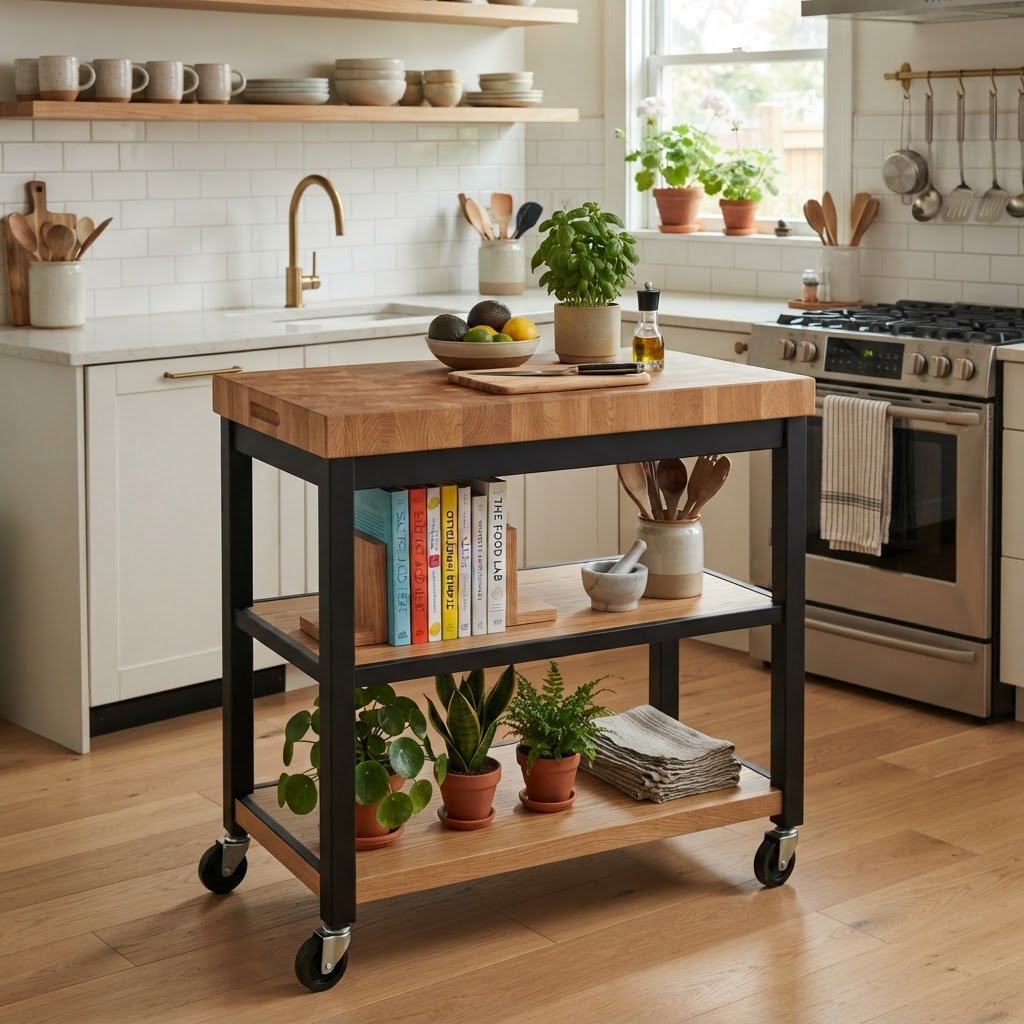 A mobile kitchen island provides extra prep space and storage that can be moved as needed.