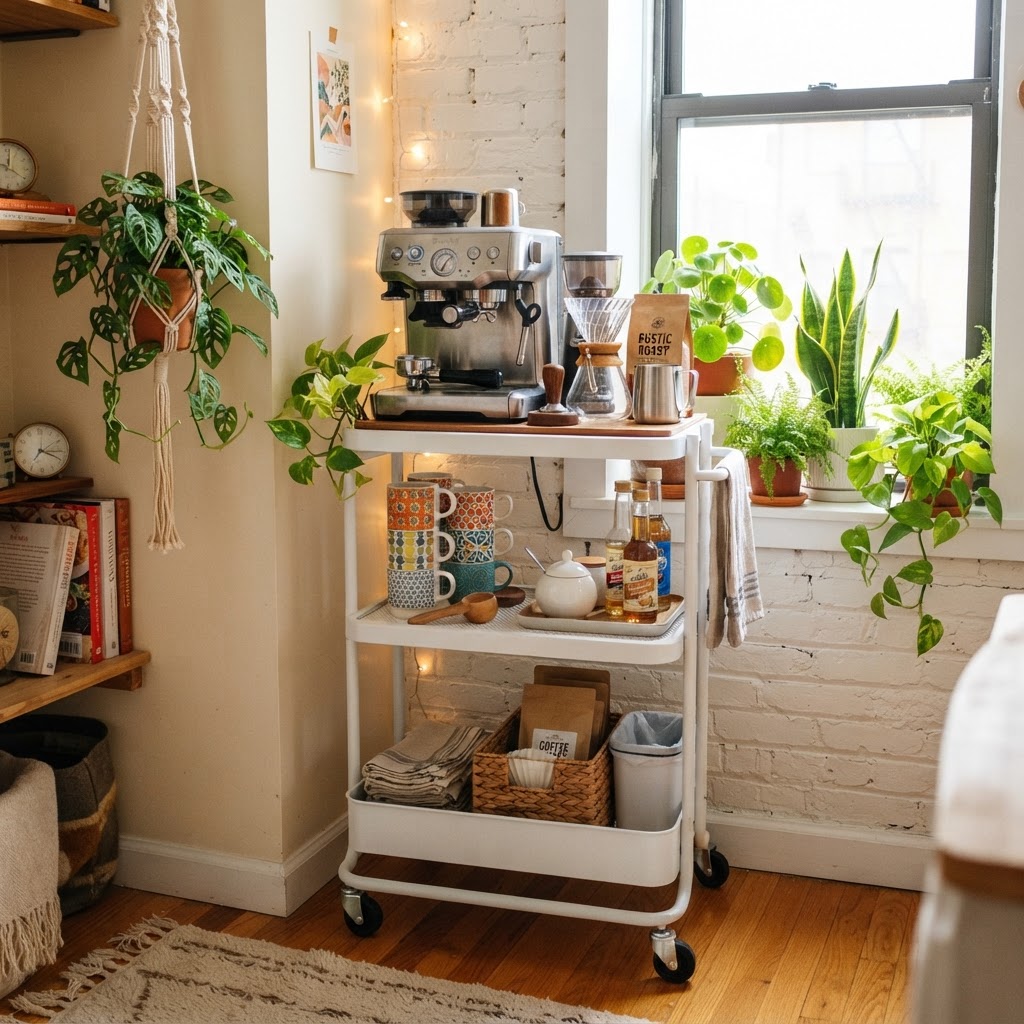 A rolling cart adds flexible, mobile storage to any corner of your apartment.