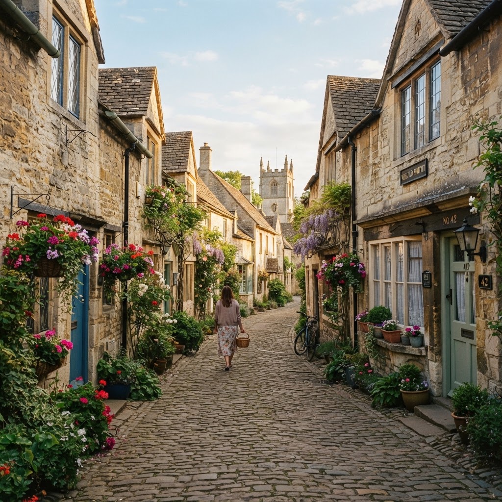 Strolling through the historic, stone-lined streets of Castle Combe.