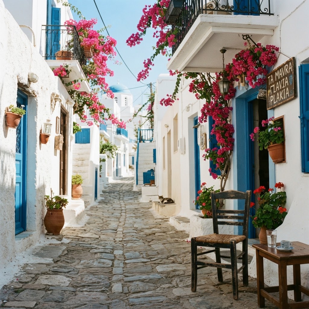 Wander through picturesque, quiet cobblestone alleys in a traditional chora.