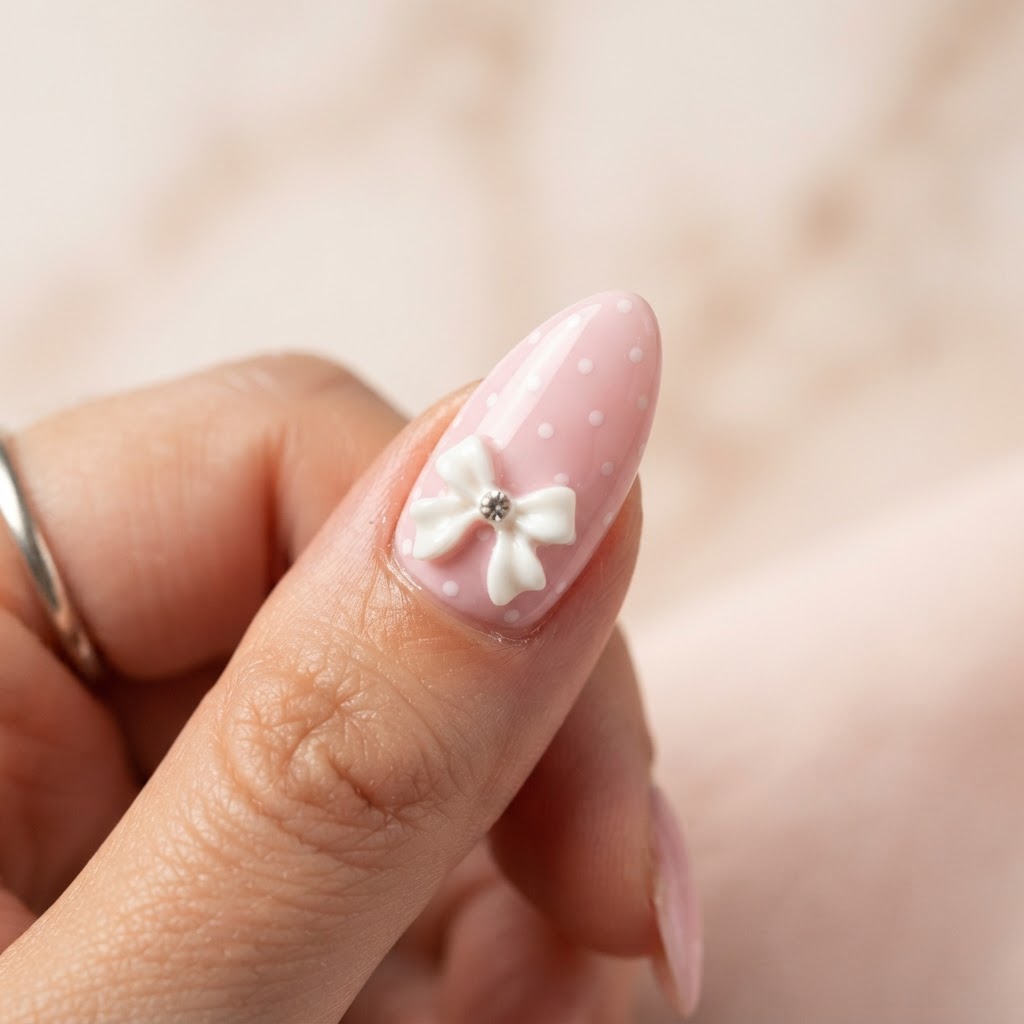 Almond-shaped press-on nails with a delicate polka dot design and 3D bow.