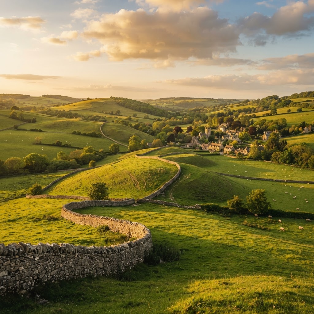The iconic, rolling green landscape of the English countryside.