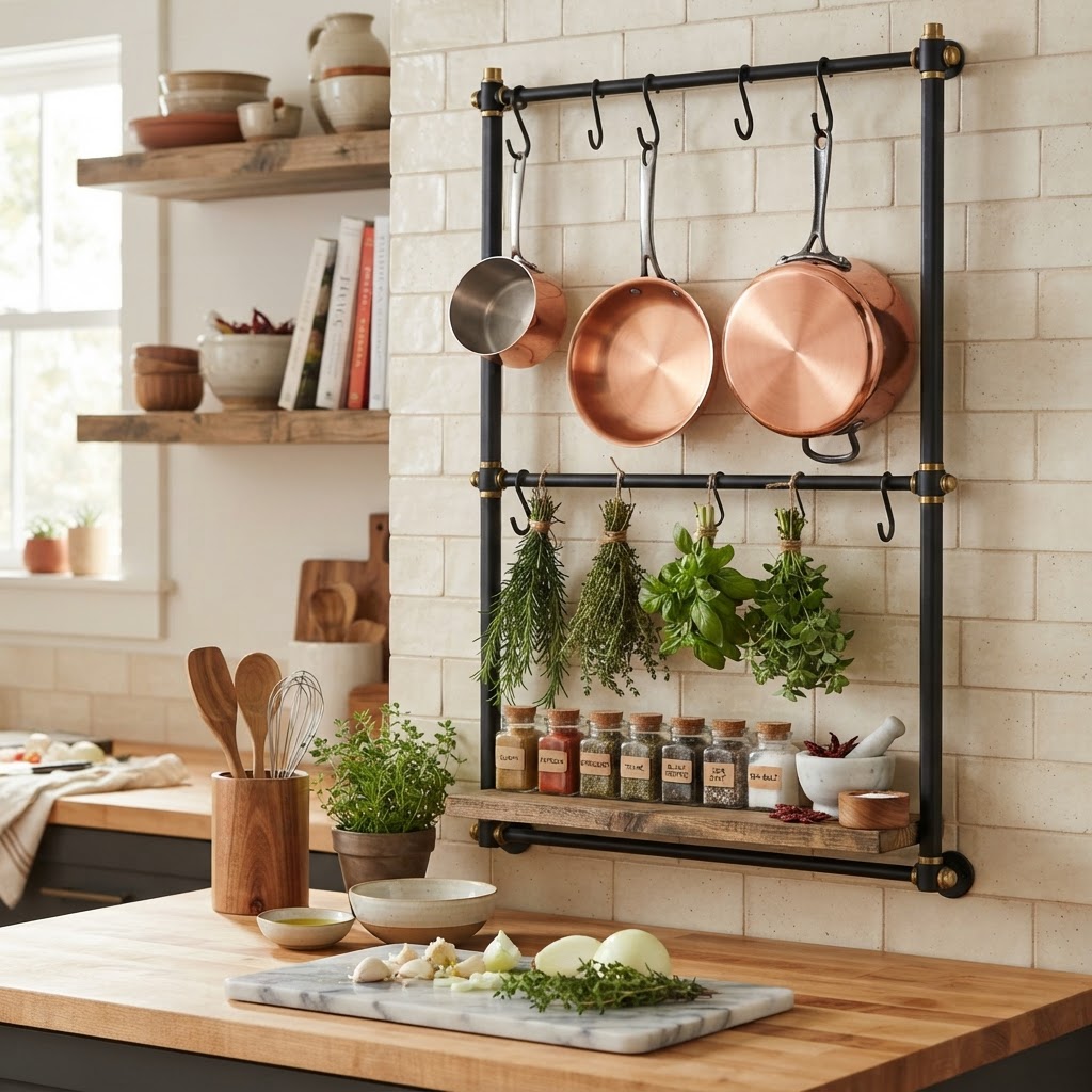 Use wall rails to clear your counters while keeping essentials ready.