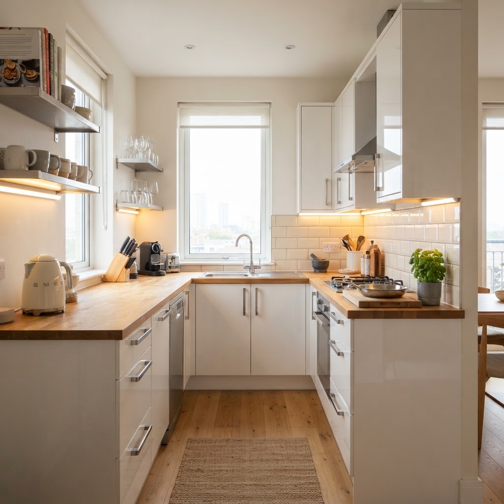 A bright, airy U-shaped kitchen that uses white finishes to maximize light and space.