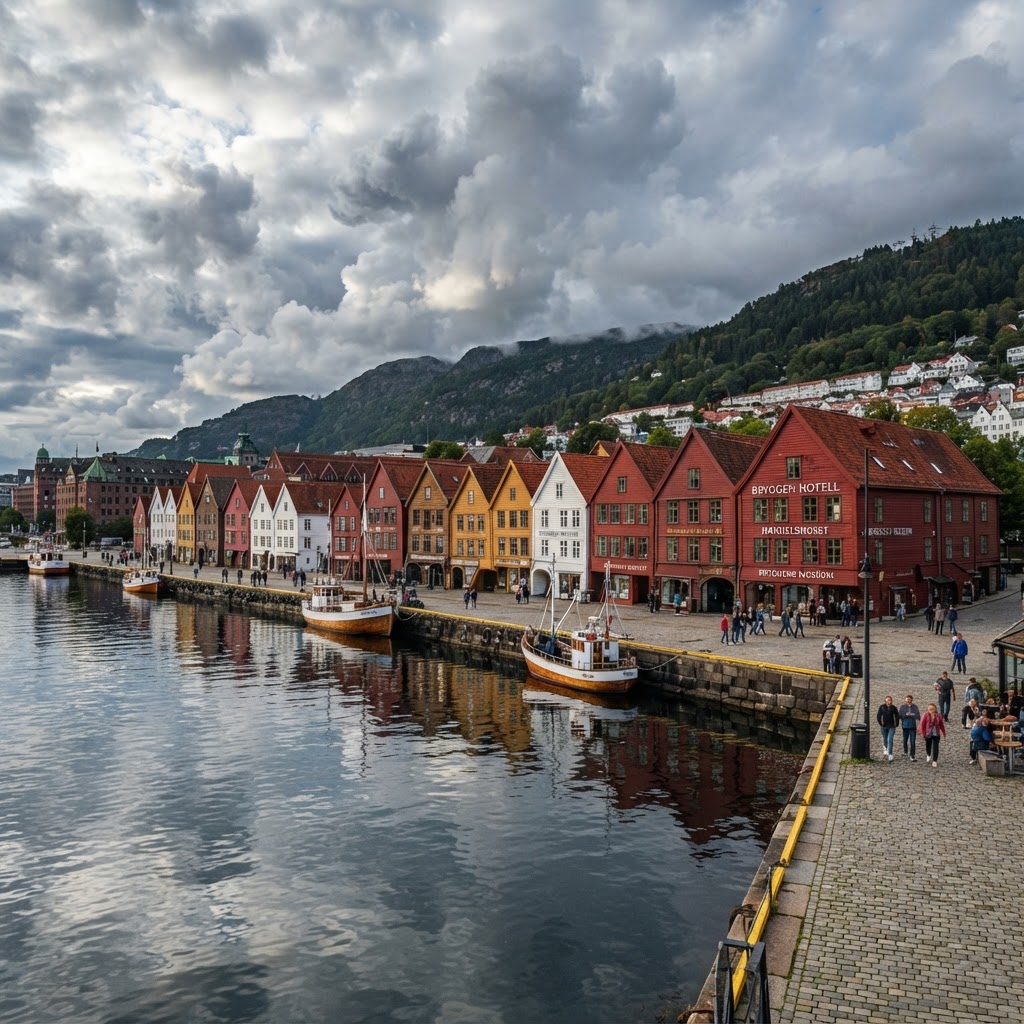 The iconic colorful houses of Bryggen reflecting in the Vågen harbor.