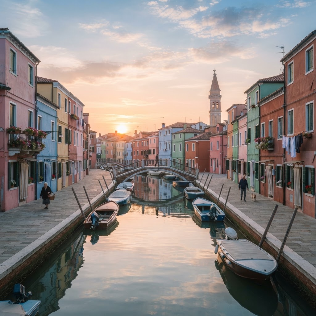 The iconic canal views on Burano island.