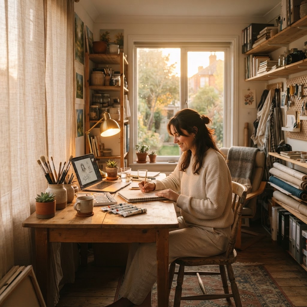 Balancing natural sunlight with warm artificial lighting creates the perfect atmosphere for productivity.