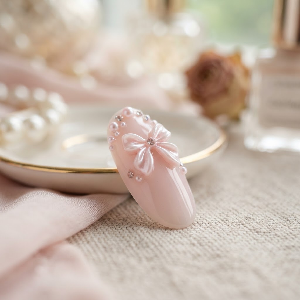 Close-up of elegant coquette bow nails.