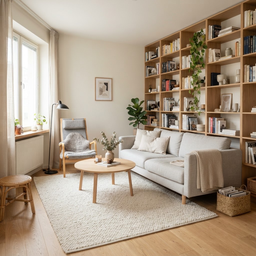 Using vertical space with tall shelving helps draw the eye upward.