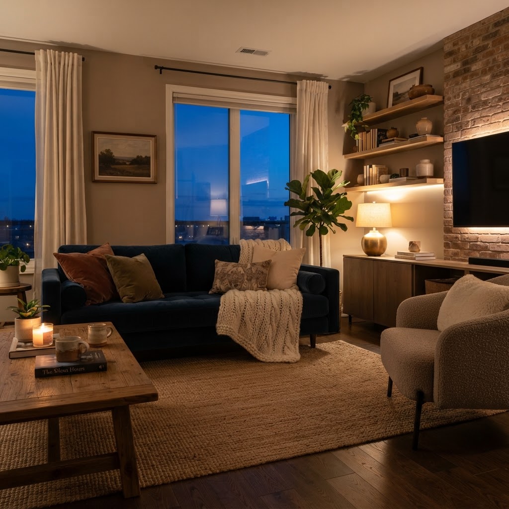 Warm, layered lighting creates an inviting, cozy atmosphere.