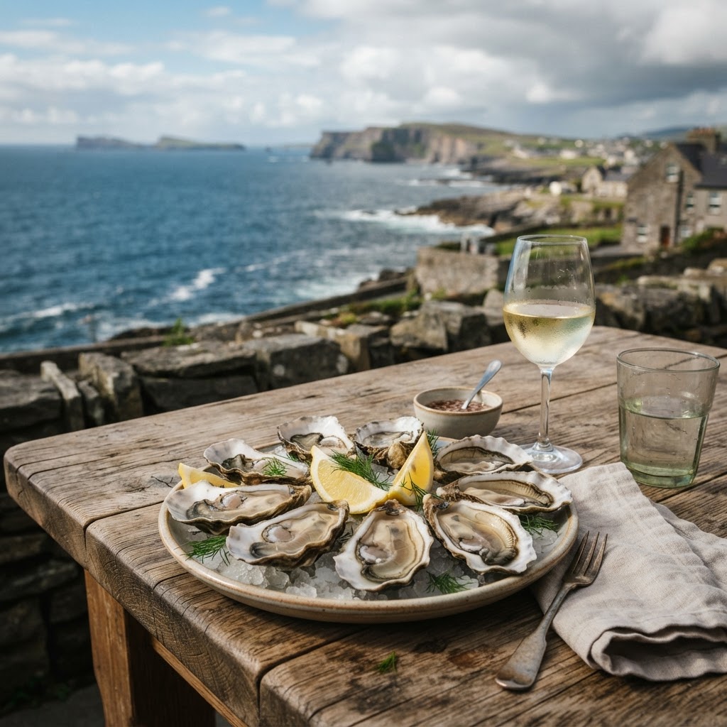 Fresh Atlantic oysters served overlooking the Irish coastline.