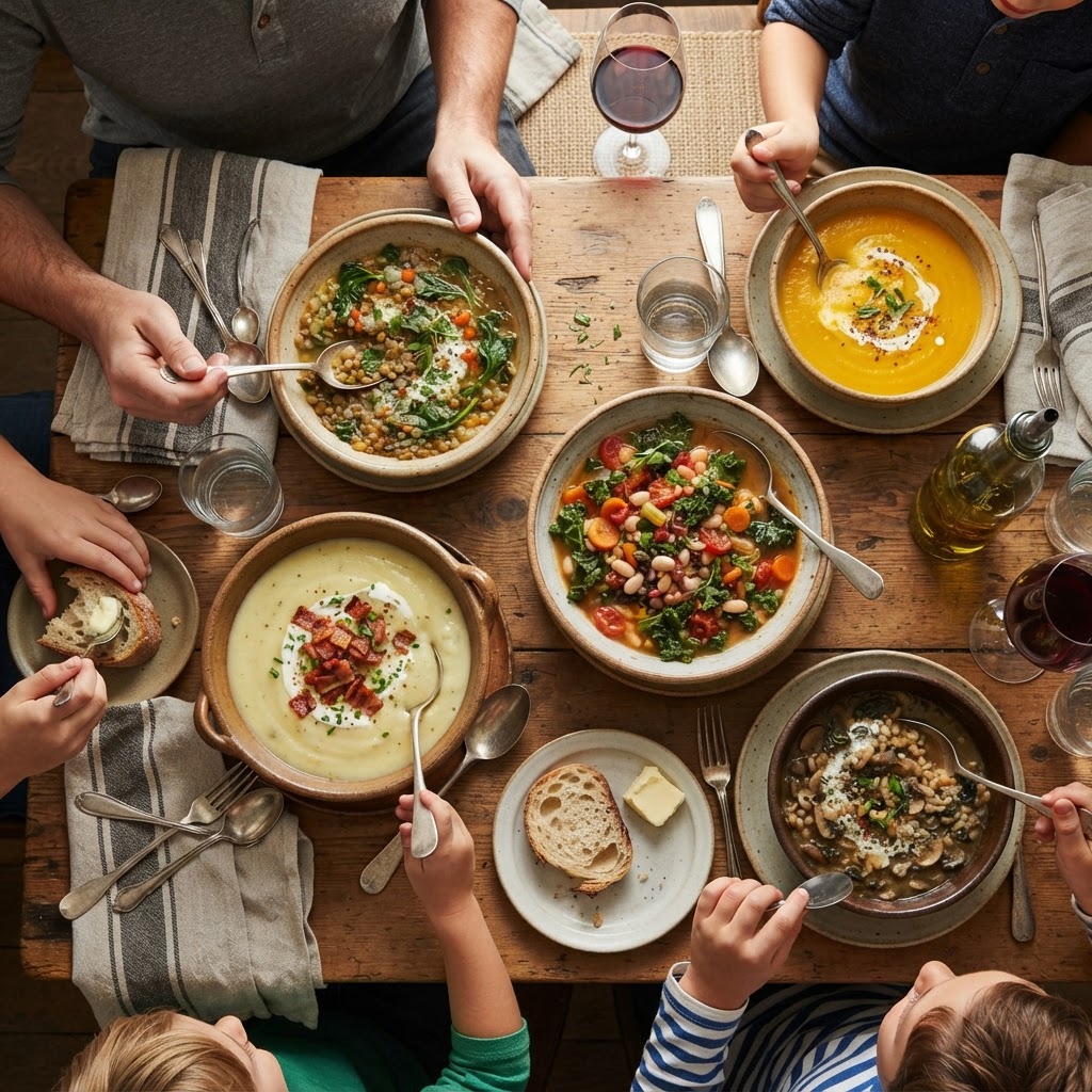A variety of homemade soups ready for a family meal.