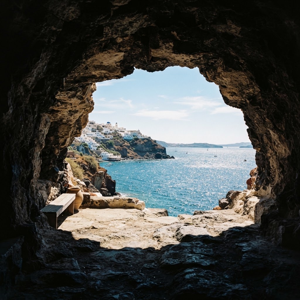 Looking out from a cave toward the endless blue sea.