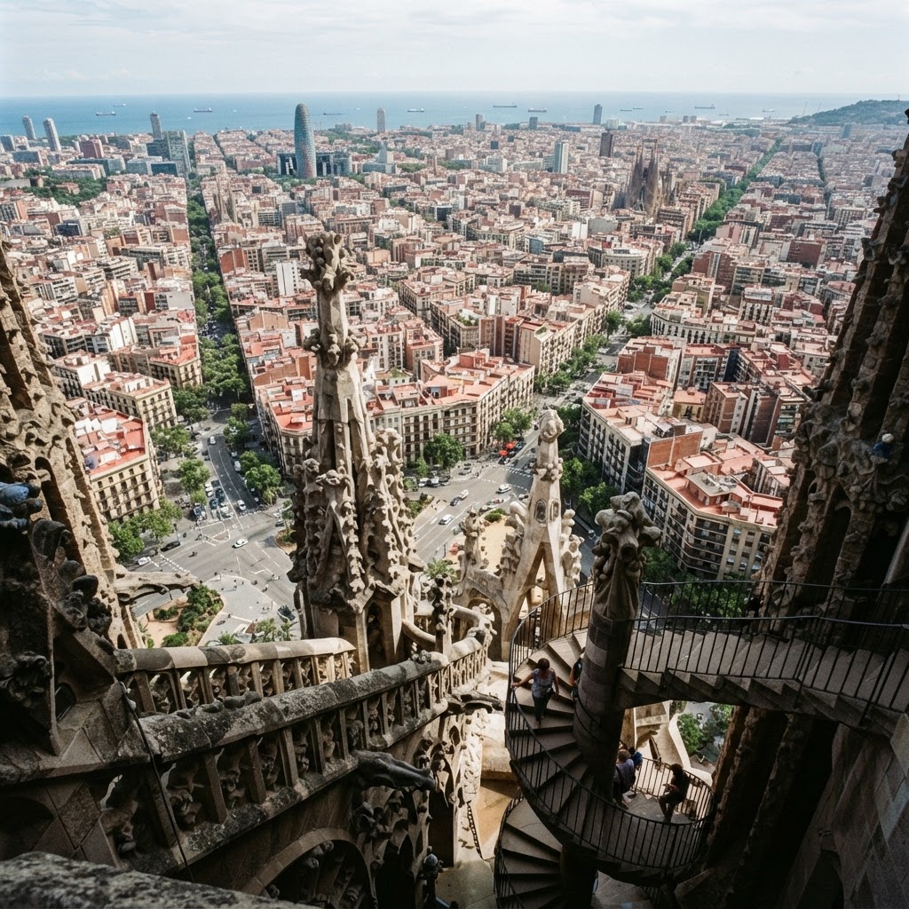 A unique look at the intricate architectural details from the Sagrada Familia towers.