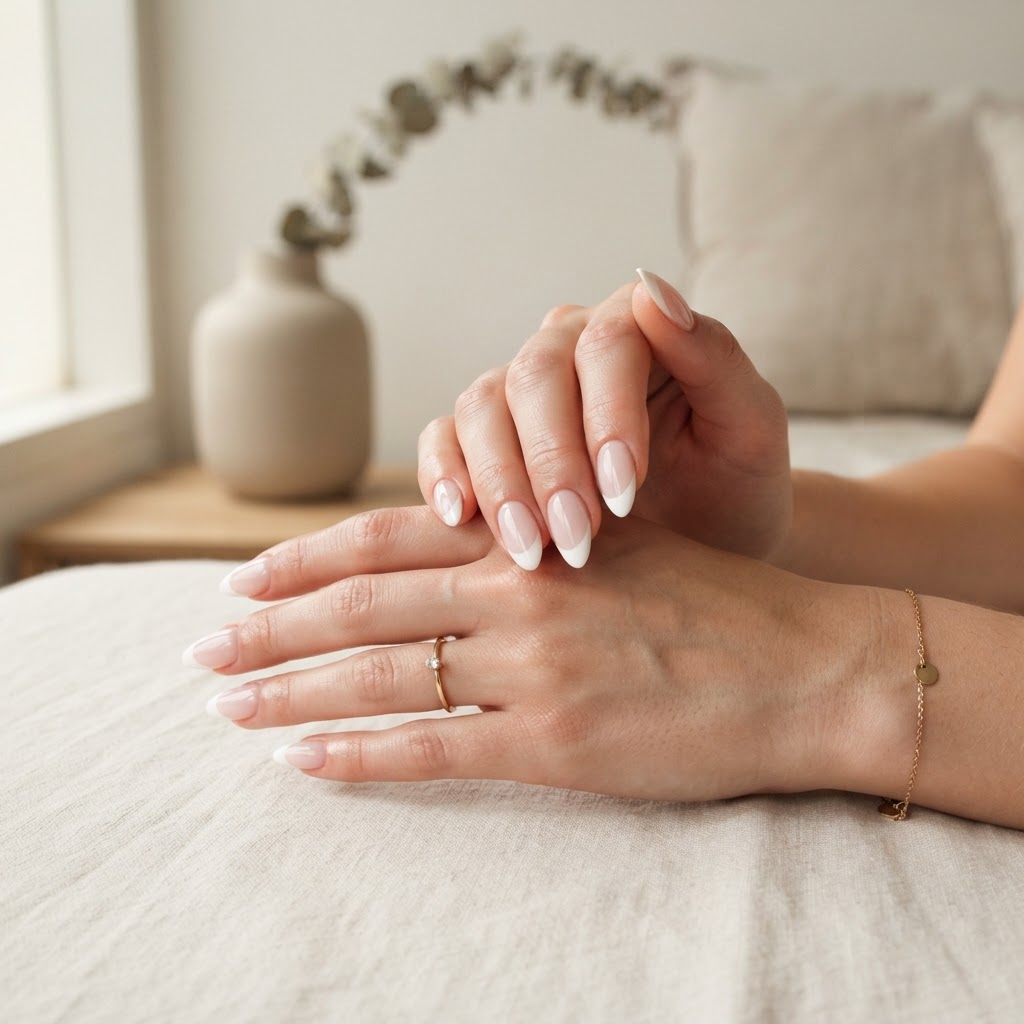Almond-shaped French tip press-ons offer a modern, sophisticated look.