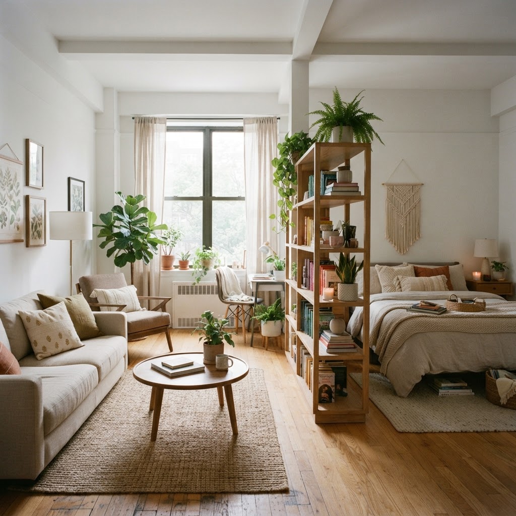Open bookshelves serve as perfect room dividers for studio apartments.