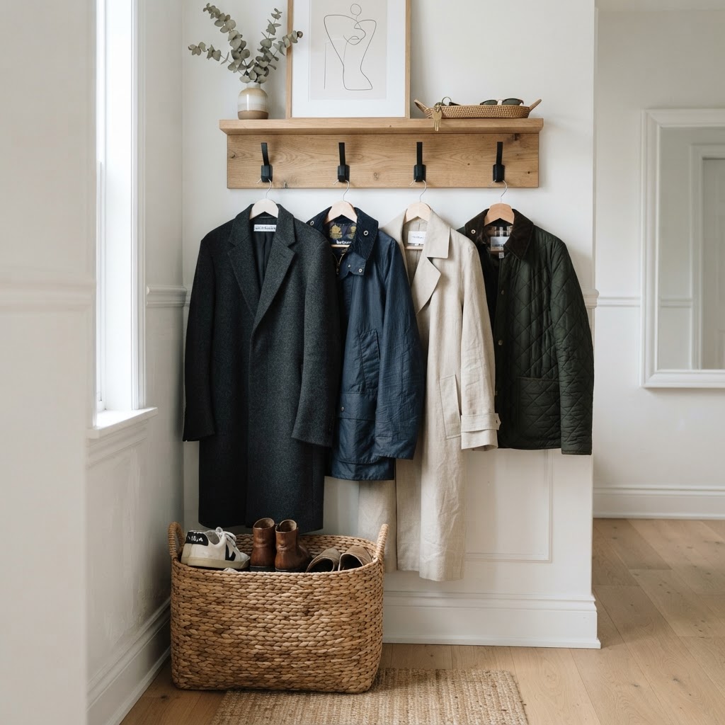 Wall-mounted hooks turn everyday coats into stylish, accessible storage.