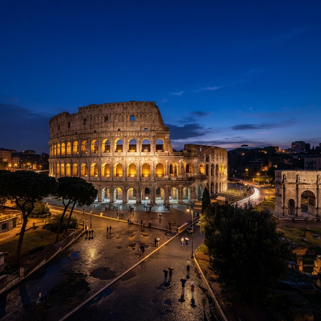 The iconic Colosseum bathed in warm light during the blue hour.