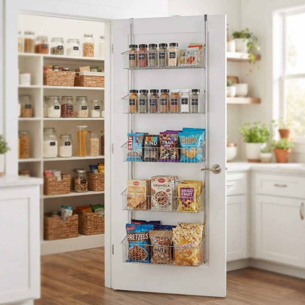 Wire baskets maximize pantry depth in small kitchens.