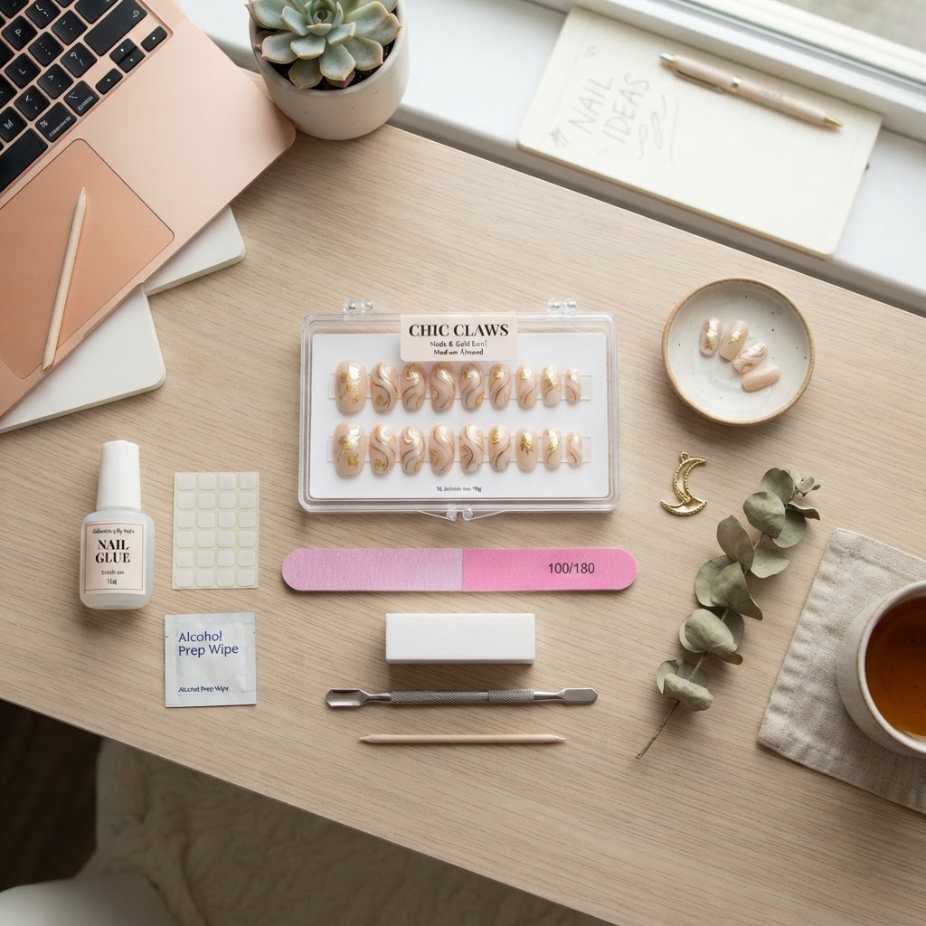 Essential tools for a professional DIY press-on manicure.