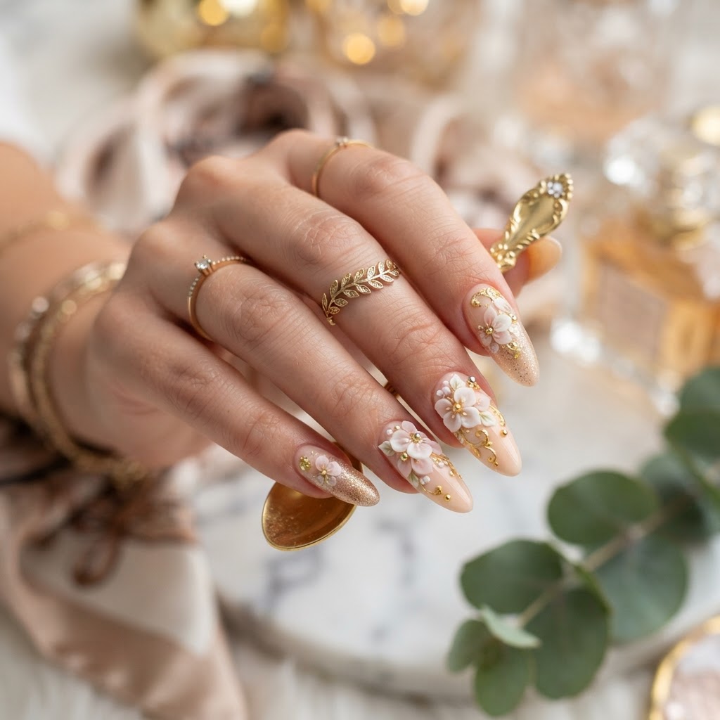 Luxurious 3d floral nail art for a sophisticated look.