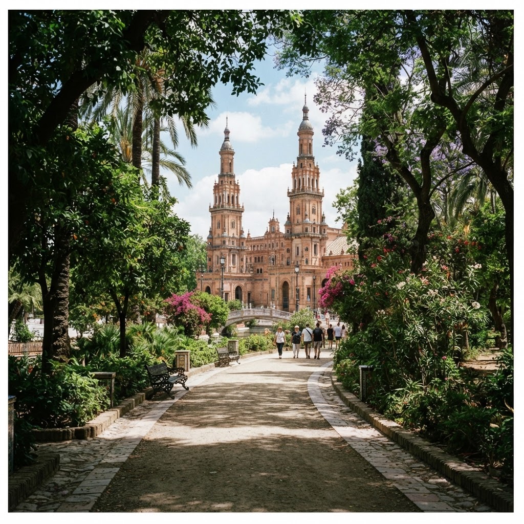 The serene and lush surroundings of Maria Luisa Park.
