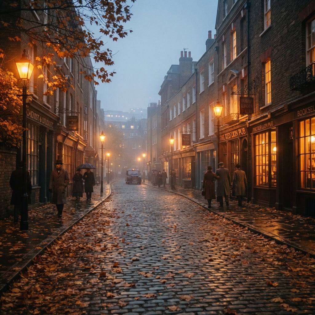 The cinematic glow of a London street in autumn.